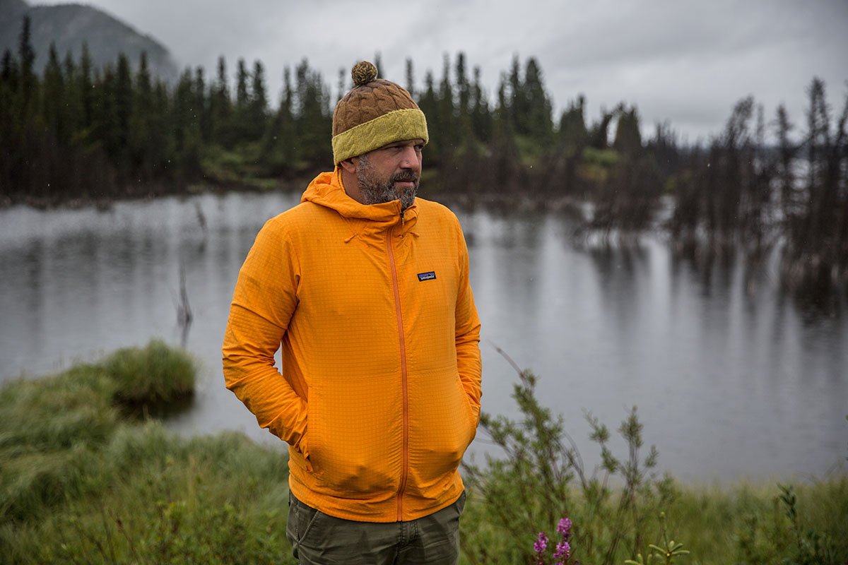 Patagonia R1 TechFace Hoody (standing in front of lake)